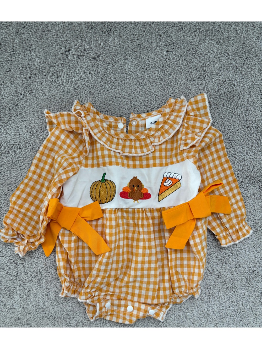 Baby Girl Fall Gingham Pumpkin Turkey Thanksgiving Embroidered Ruffle Romper
